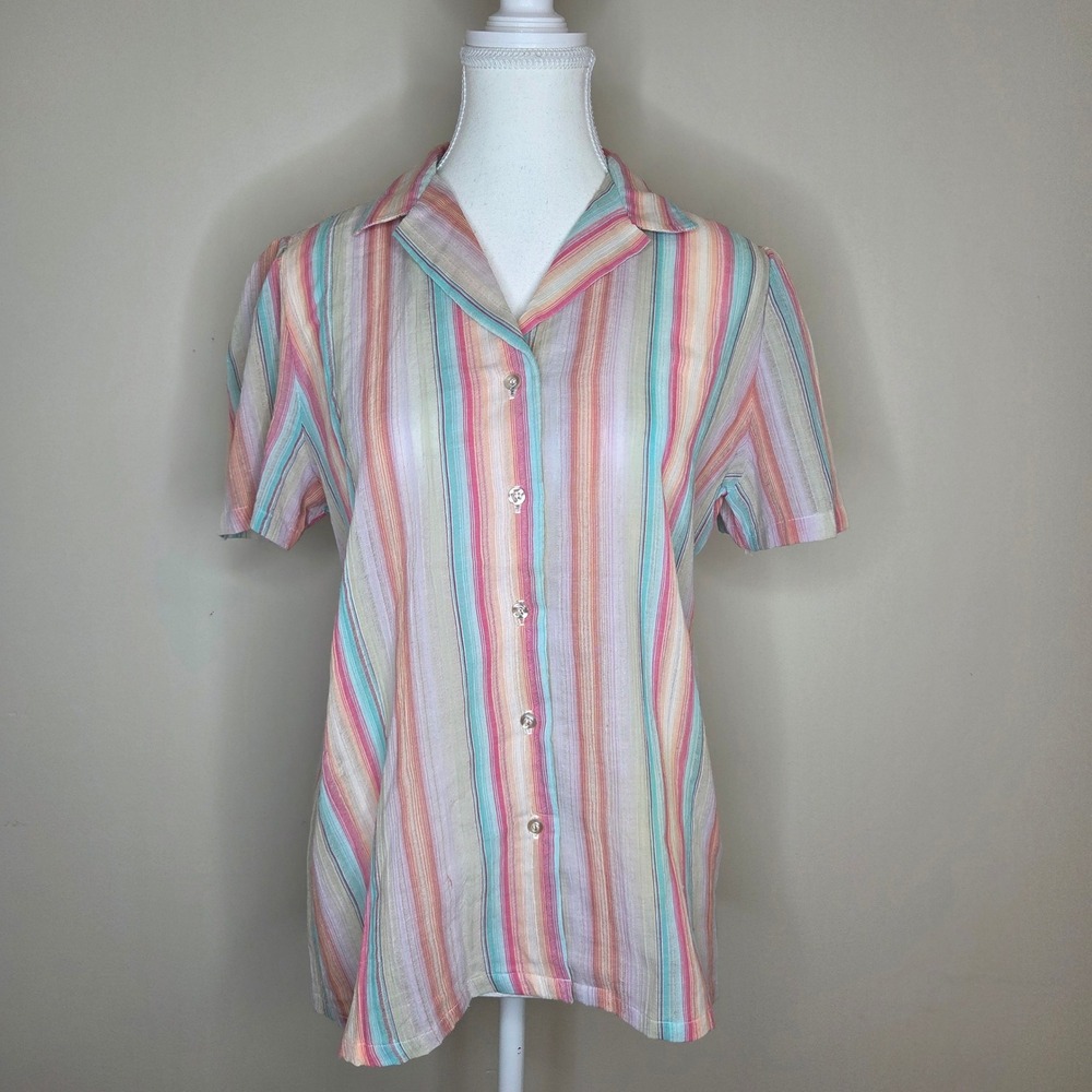 Vintage 70s Sears Pastel Stripe‎ Button Up Shirt Semi Sheer Short Sleeve Size L
